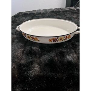 Vintage 70's Harvest Blossom Porcelain Enamel Cookware Casserole Dish RETRO